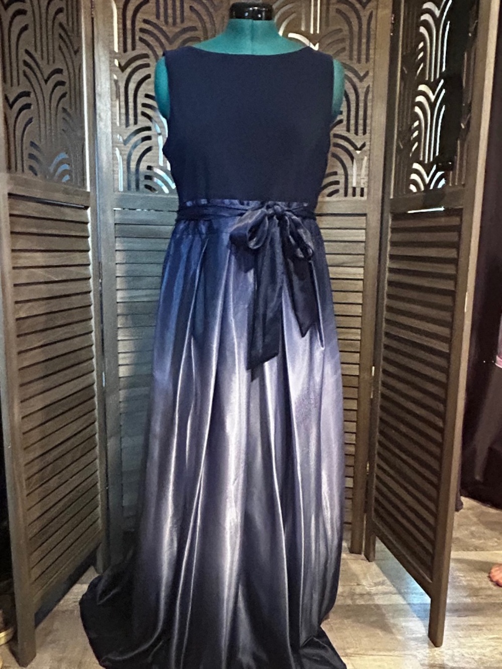 S.L. Fashions Navy Satin Gown | Low Back| Crinoline| Formal Dress Size 16